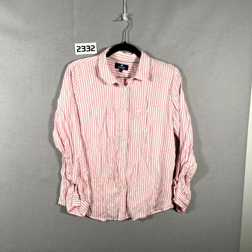 Sperry Shirt Womens Medium Pink White Striped Viscose Roll Tab Sleeve Button Up